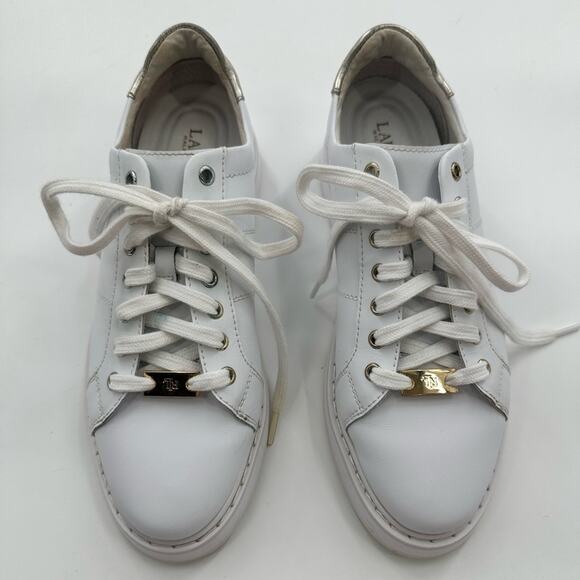 Lauren Ralph Lauren White Angeline IV Action Leather Sneakers Gold Accents Sz 9